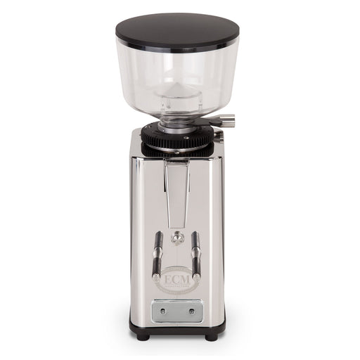 ECM Polished Stainless Steel S-Automatik 64 Coffee Grinder - Front Top Perspective View