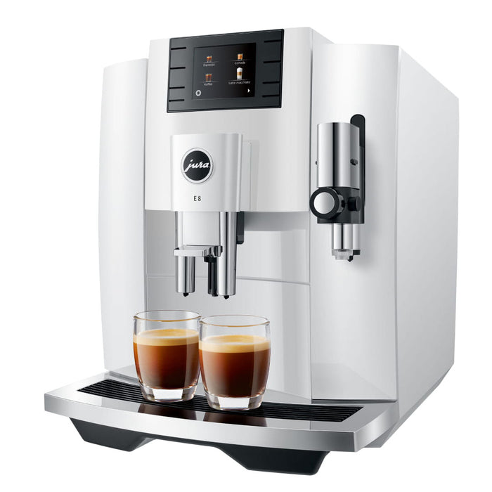 Jura Piano White E8 Superautomatic Espresso Machine - Front Right Perspective View