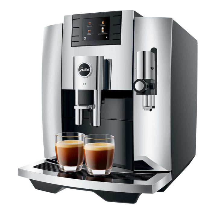 Jura Chrome E8 Superautomatic Espresso Machine - Front Right Perspective View